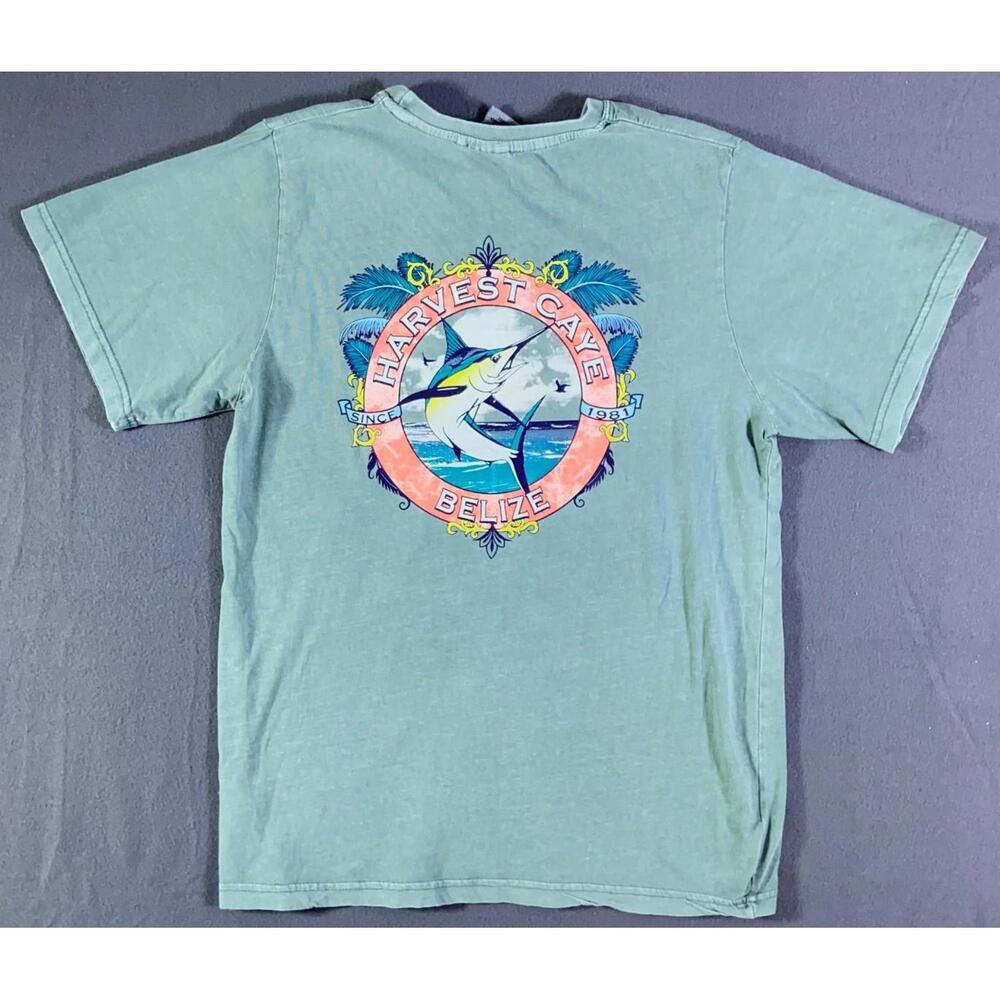 Harvest Caye Belize Blue/Grn Marlin Fishing Graphic Short Sleeve Medium T Shirt